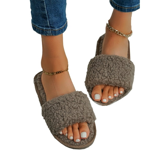 4 Color Casual Faux Fur Fluffy Flip-Flop Slip-on Open Toe Womens Sandal Slippers